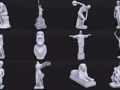 12 Famous Sculptures Landmark in the World Low Poly Low-poly 3D model