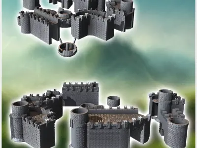 Set of modular stone medieval walls with roof towers 23 - Mediev 3D print model