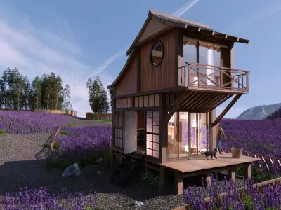 WOODEN HOUSE IN JAPANESE FLOWER FIELDS 3D model