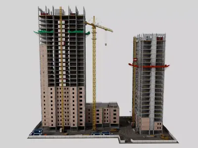 High Rise Construction Site 3D Model Tower Crane Twin Buildings Low-poly 3D model