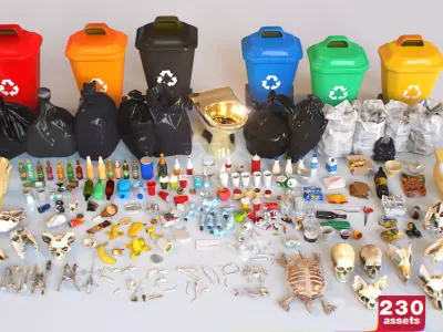 Game Ready Stylized Urban Garbage Trash Waste Pack - 230 assets Low-poly 3D model