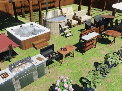 Backyard Patio furniture and props Low-poly 3D model