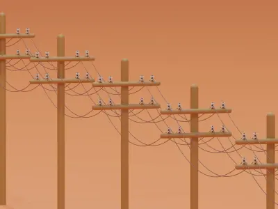 Wooden Telephone Pole Power Line Low-poly 3D model