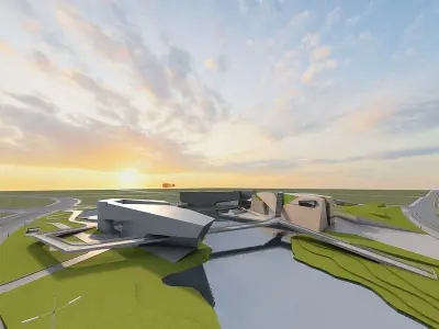 Museum futuristic building in desert 3D model