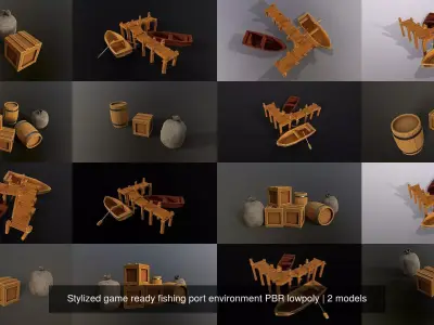 Stylized game ready fishing port environment PBR lowpoly 3D Model Pack