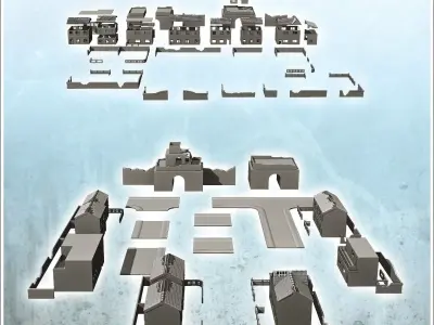Set of ruined buildings of Hue with temple walls and roads Vietn 3D print model