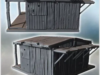Small corrugated metal hut with damaged roof and wooden supports 3D print model