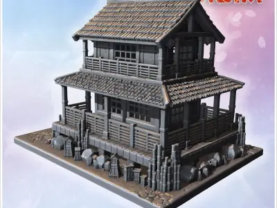 Two-story wooden Japanese house with tiled roof balcony and ston 3D print model