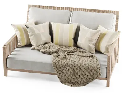 Double wooden garden sofa with plaid 3D model