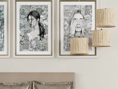 Bedroom set 7 three framed portraits above bed 3D model