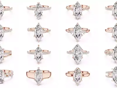 167 Marquise Diamond Rings 3DM STL OBJ FBX 3 Color Video 3D Model Pack