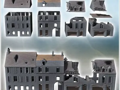 Set of four damaged modern buildings with large access door and  3D print model