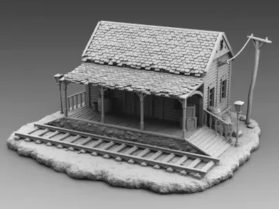 Station train with tracks and house 3D print model