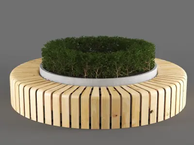 bench807 circular wooden bench with plant in middle 3D model