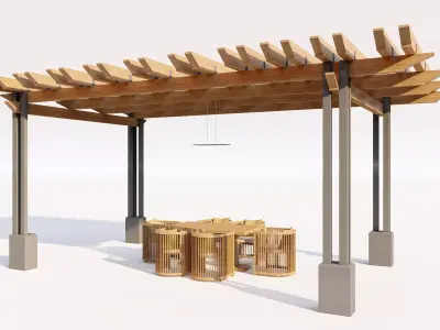 Modern Wood Pergola with Metal Supports and Dining Set Low-poly 3D model