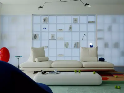 Modern Minimalist Living Room with Bold Blue Lips Sofa 008 3D model