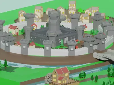 Low Poly Kingdom toy castle in middle of field Low-poly 3D model