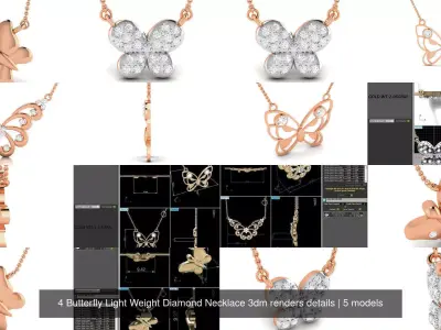 4 Butterfly Light Weight Diamond Necklace 3dm renders details 3D Model Pack