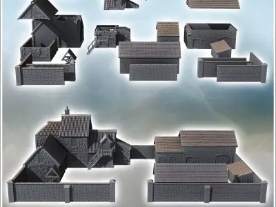 Set of rural farm with multiple buildings barn well and stone en 3D print model