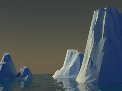 low poly glaciers icebergs and penguins in water 3D model