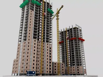 High Rise Construction Site 3D Model Tower Crane Twin Buildings Low-poly 3D model