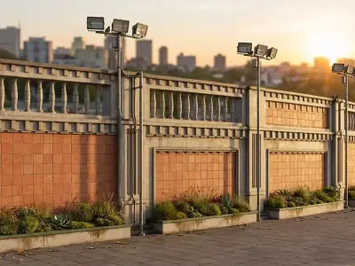 Modern Architectural Boundary Wall With Street Lights Low-poly 3D model