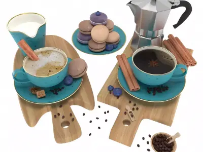 Coffee set maker and cup of on tray 3D model