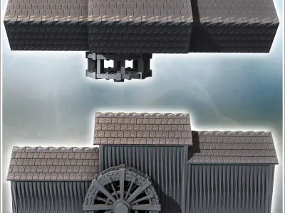 Rural water mill with a three-part building and a wooden wheel 3 3D print model