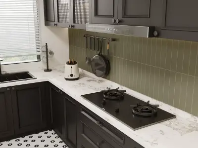 Modern Black and White Galley Kitchen 3D model