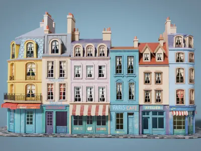 Cartoon city facades Low-poly 3D model