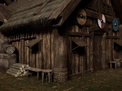Viking Medieval House with interior and Props Low-poly 3D model