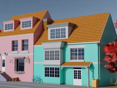Street View of cartoon house  Low-poly 3D model
