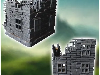 Partially destroyed wooden house with broken beams missing roof  3D print model