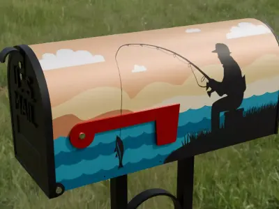 Painted Mailbox with Fishing Low-poly 3D model