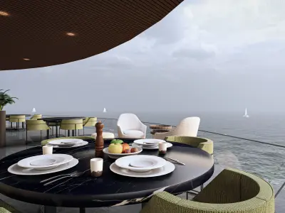 Cliffside Restaurant  Bar Fully Furnished 3D Model Low-poly 3D model