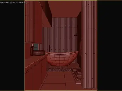 Modern Bathroom with Wooden Accents and Sleek Black Finishes 3D model