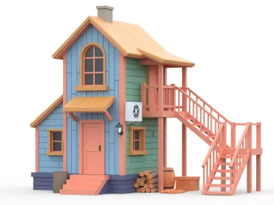 Wooden House C with UV Low-poly 3D model