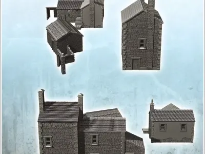 Set of three traditional European stone buildings with farm and  3D print model