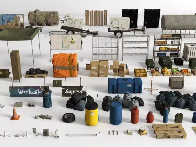  Survival Camp Props Pack Junkyard Military Workshop Assets Low-poly 3D model