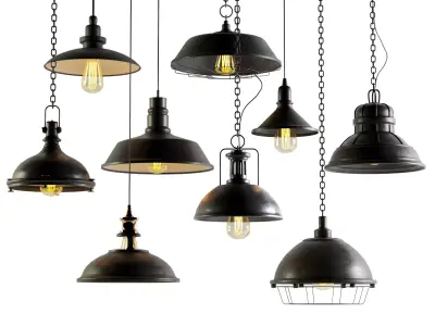 black cast industrial chandeliers 3D model