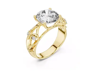Round Diamond Engagement Nature Floral Vine Gold Ring CAD 3D print model