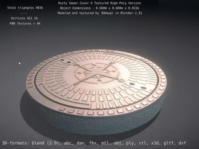 Compass Sewer Cover 4 Rusty Low and High-Poly Versions 3D Model Pack