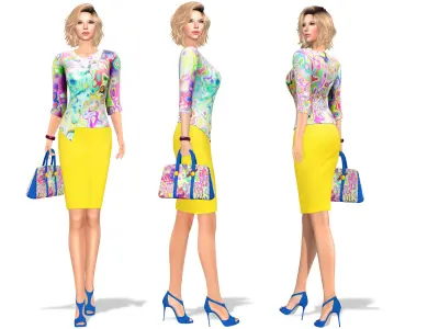 Tie-Dye Yellow Elegant Outfit Top Skirt Bag Low-poly 3D model