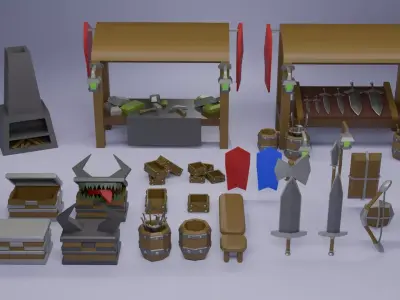 Low Poly Medieval Blacksmith Market Stall Weapon Shop Asset Pack 3D model
