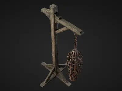 Gibbet wooden pole with basket hanging from it Low-poly 3D model