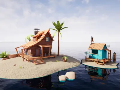 Beach House and Hut Low-poly 3D model