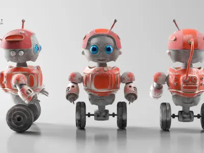 RafiBot Game Ready Robot Character with Drill Arms Wheels 3D model