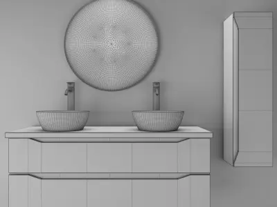 bathroom set 8 modern vanity with double sinks and round mirror 3D model