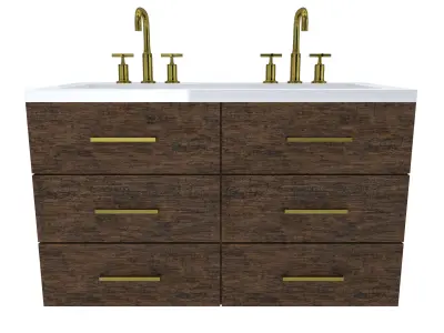 Vanity bathroom with two sinks and brass faucets 3D model