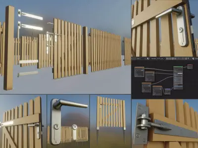 Wooden fence set 3 Vertical with door parts Low-poly 3D model